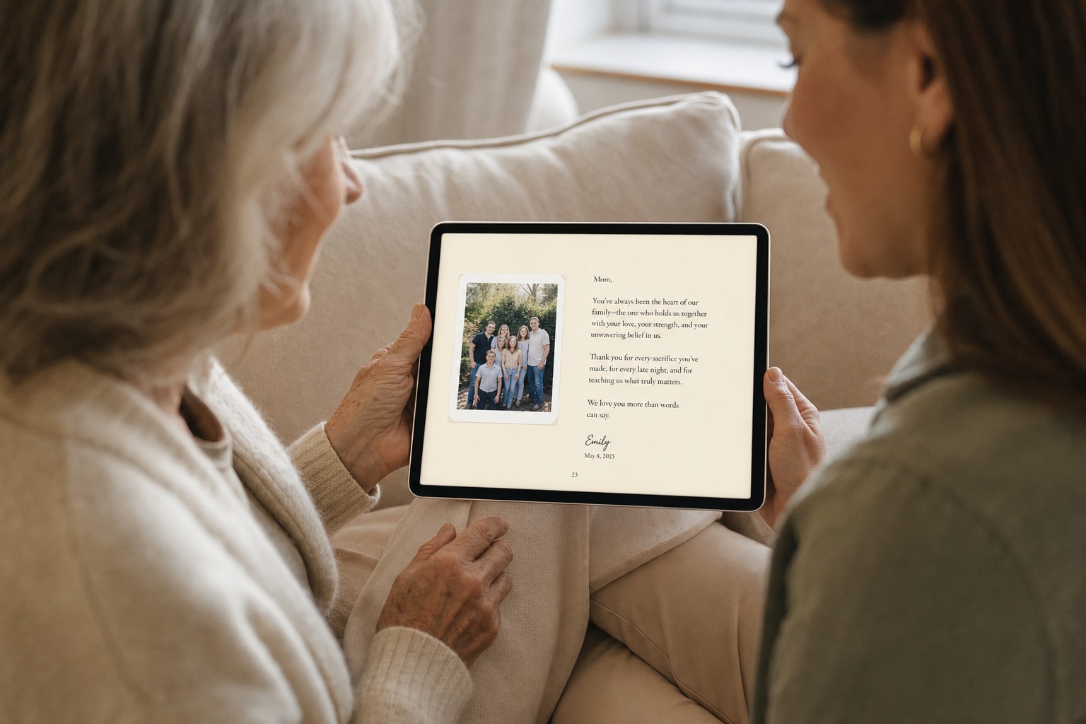 A mother and daughter reading heartfelt family words together in a digital DearlyBook