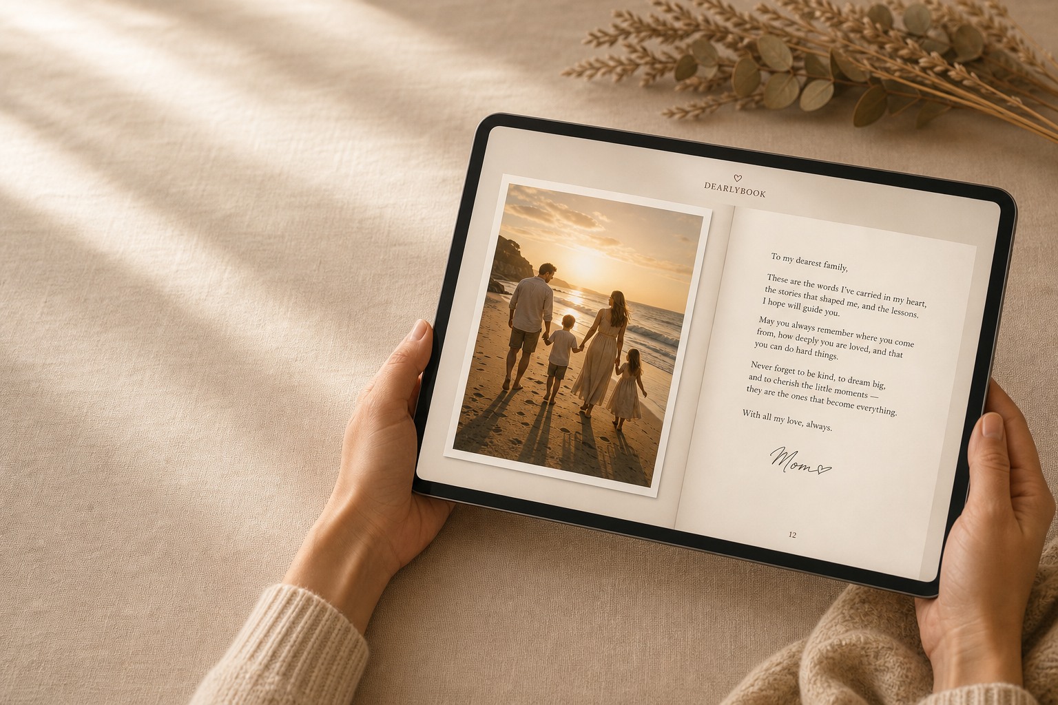A premium tablet displaying a professionally designed digital DearlyBook