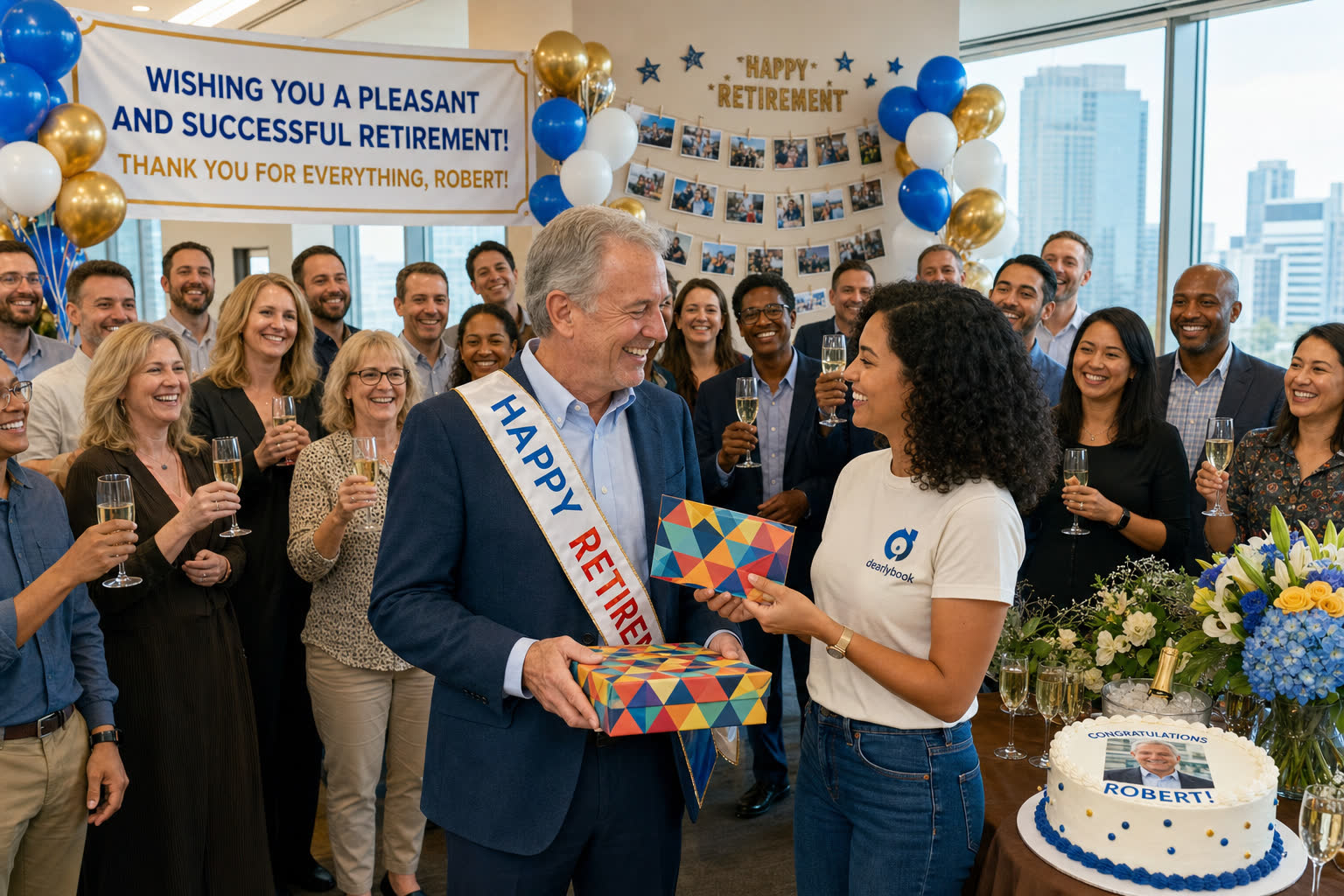 Colleagues celebrating a retirement with gifts, balloons, and cake